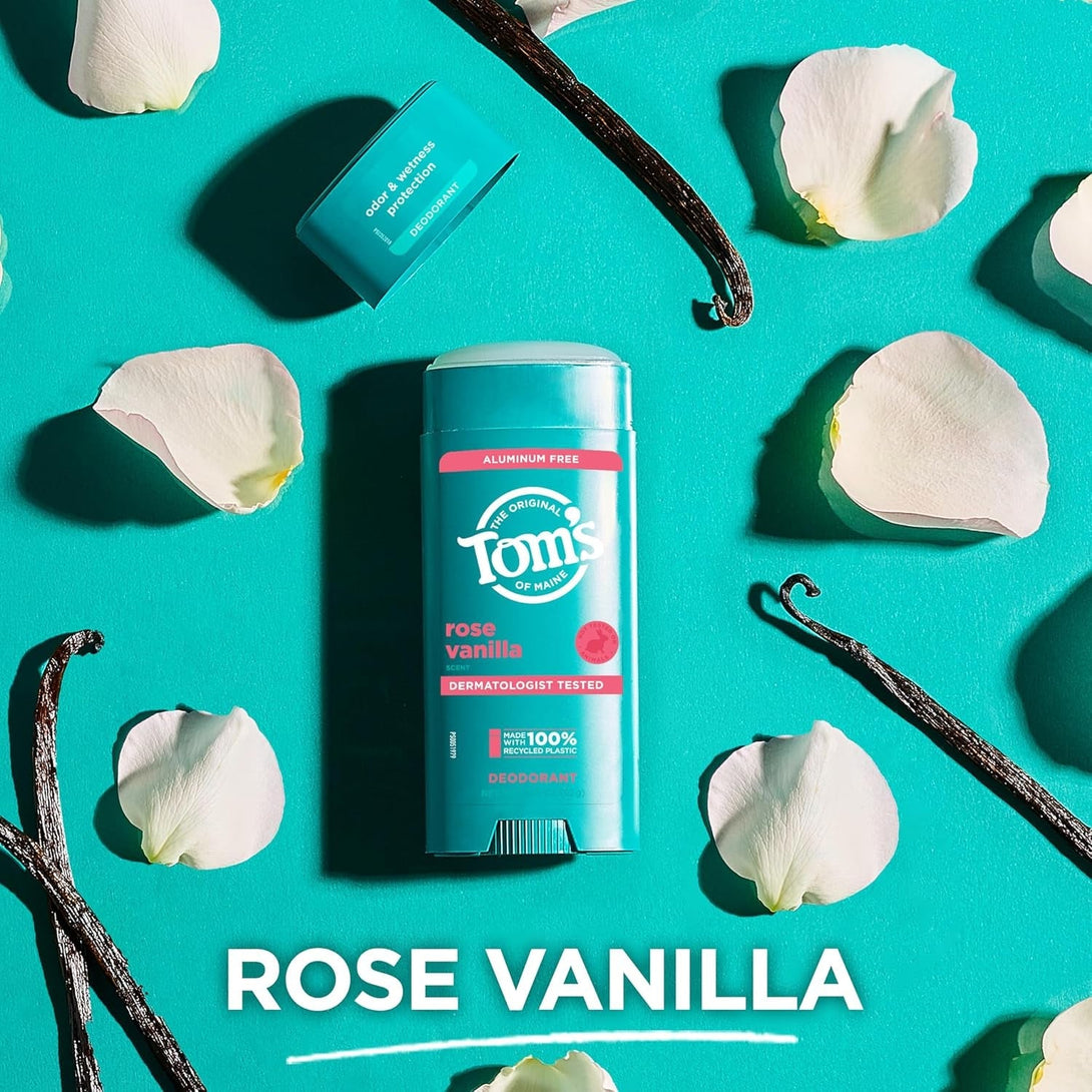 Tom’S of Maine Rose Vanilla Aluminum Free Natural Deodorant for Women & Men | Goes on Clear | Odor & Wetness Protection | Naturally Derived and Moisture-Locking Ingredients | 3.25 Oz