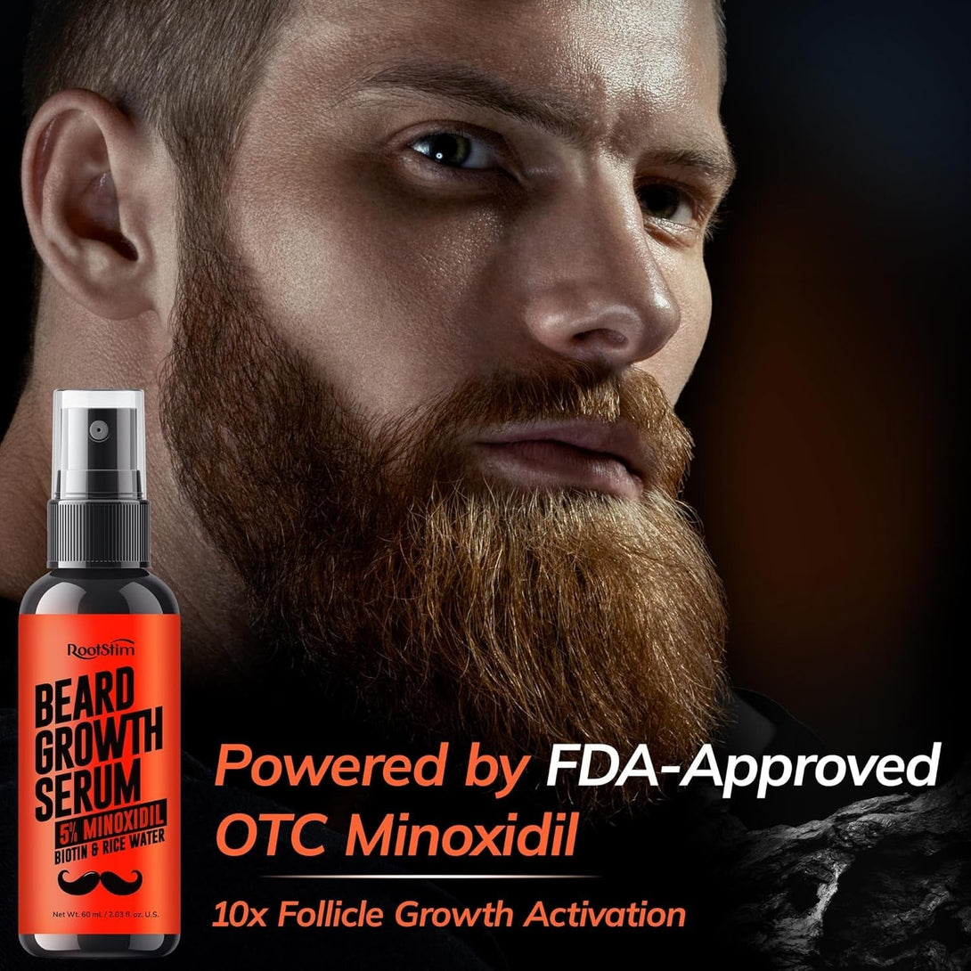 5% Minoxidil Beard Growth Serum for Men: 5% Minoxidil Hair Regrowth Spray with Biotin & Rice Water - Extra Strength Beard Oil for Faster Thicker and Fuller Beard Growth - 2.03 Fl Oz