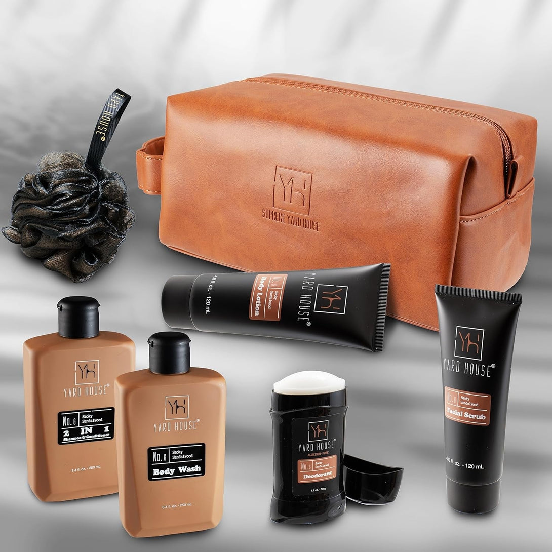 Luxury Mens Bath and Body Gift Set Basket for Him - Smoky Sandalwood - All Natural Skin Care Kit for Men W. Full Size Body Wash, Facial Scrub, Body Lotion, Deodorant in Leather Toiletry Bag