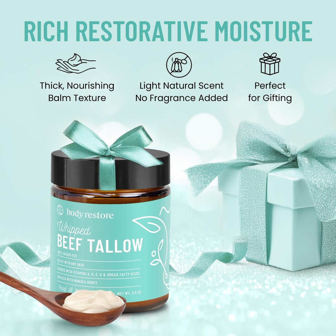 Body Restore Grass Fed Whipped Beef Tallow for Skin, Face, Body, Dry Skin - with Manuka Honey, Jojoba Oil, Mothers Day Gifts, Gift for Mom, Wife, Dad, Best Friend, Travel Essentials - Eucalyptus