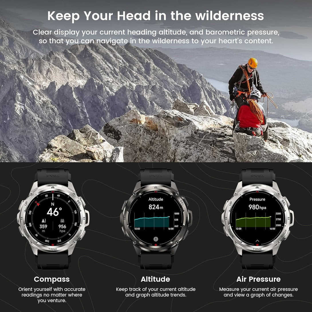 KOSPET Tank T3 Ultra Smart Watch for Men GPS, Extra-Long Battery, 50M Waterproof, Stainless Steel Unibody Rugged Smartwatch with Bluetooth Calling, 1.43" AMOLED Display, Pressure&Altitude&Compass