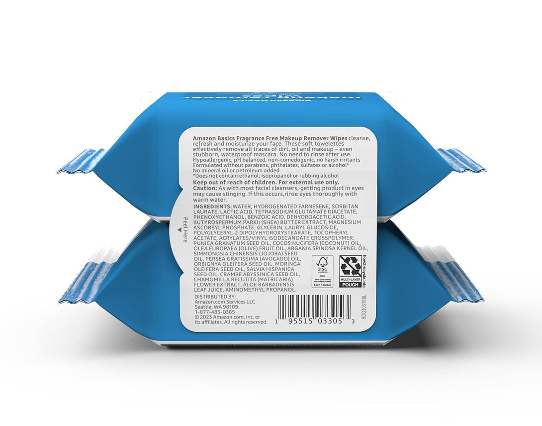 Amazon Basics Make up Remover Wipes, Fragrance Free, 25 Count, Pack of 2 (Previously Solimo)