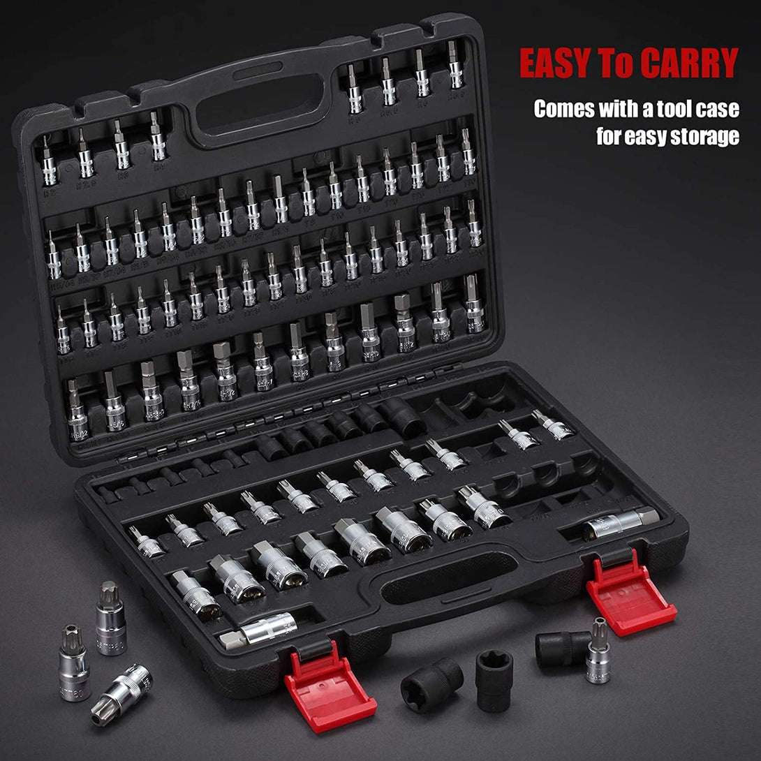 92-Piece Allen and Torx Bit Socket Set, 1/4" 3/8" and 1/2" Drive Torx/Tamper Proof Torx/Hex SAE & Metric Bit Set