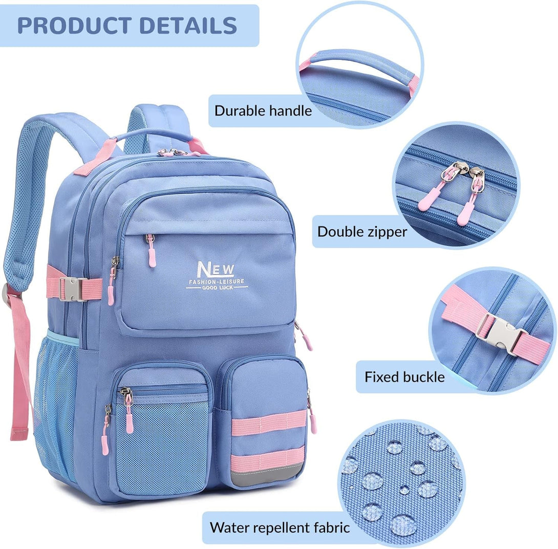 Water Resistant Backpack for Teen Girls Boys Students, Casual Multi Pockets Daypack with 15.6 Inch Laptop Pocket for Travel School College (Grey Blue)