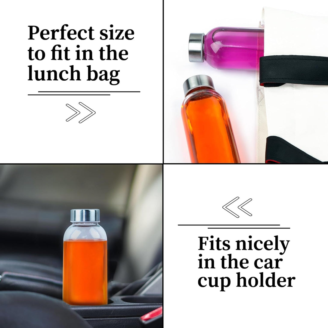 12 Pack Glass Water Bottles, 16Oz Clear Glass with Stainless Steel Lids, Reusable Drink Bottles for Juices, Smoothies, Tea, Water, Beverages