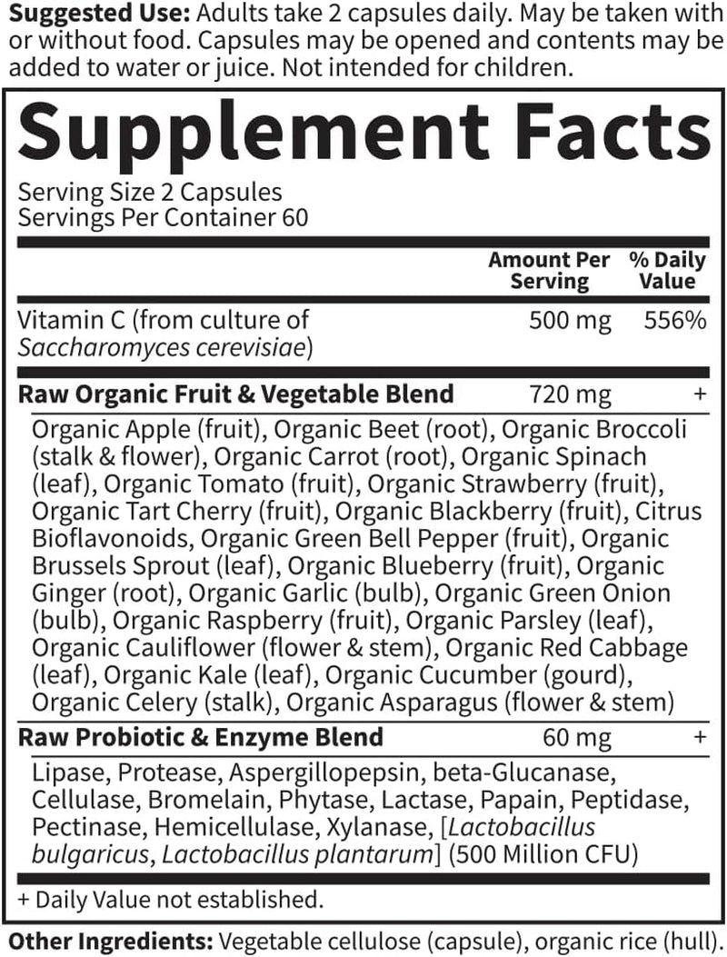 Garden of Life - Vitamin Code Raw Vitaminc - 120 Vegan Capsules, 500Mg Whole Food Vitaminc with Bioflavonoids, Fruits & Veggies, Probiotics, Gluten Free Vitamin-C Supplements for Adults
