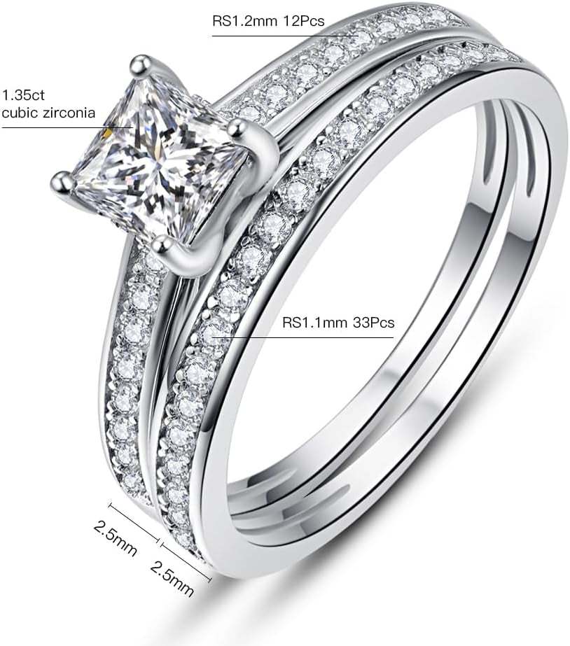 1.35Ct Princess Cut Engagement Ring 925 Sterling Silver Wedding Band Set for Women Cubic Zirconia Bridal Sets Size 5-10
