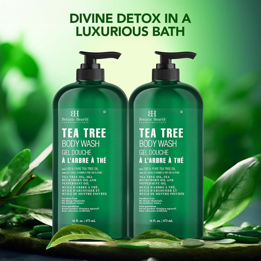 Botanic Hearth Tea Tree Body Wash - 16 Fl Oz - Helps Soothe Itchy, Dry Skin, Antifungal Body Wash with 100% Pure Tea Tree Oil - Sulfate Free, Paraben Free, for Men and Women Set of 2
