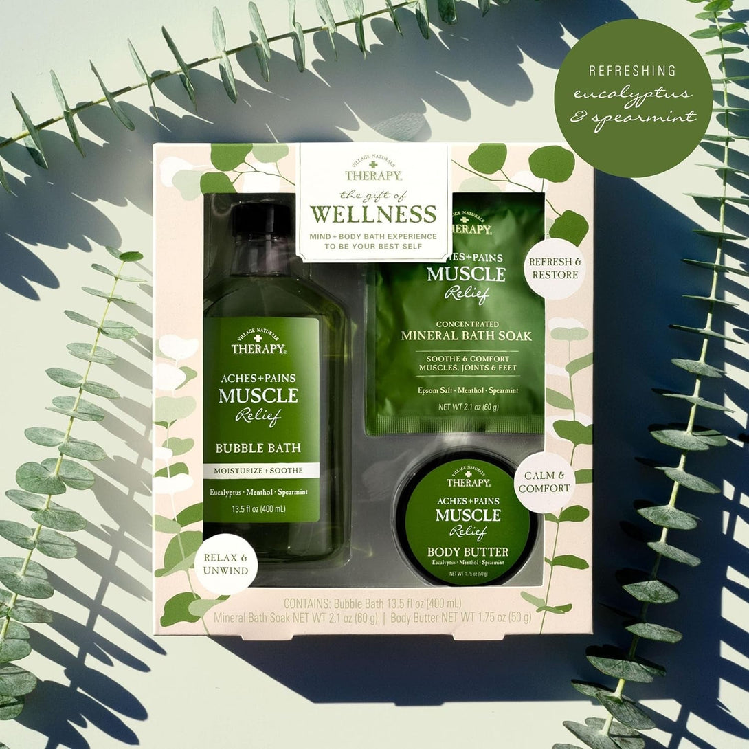 Village Naturals Therapy 3-Piece Relaxing Muscle Wellness Spa Gift Set, Eucalyptus Mint Scent