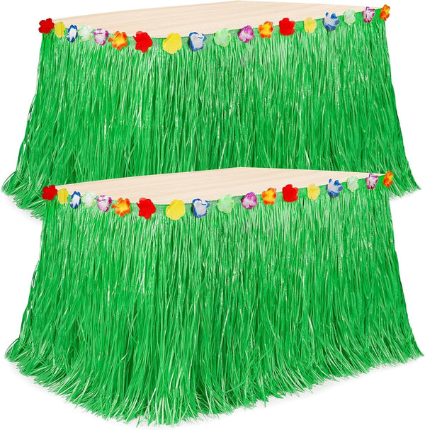 Hawaiian Party Table Skirt Decorations, 2PCS Green Luau Party Table Skirt Decorations, 108 X 29.5" Grass Skirts Luau Party Favors, Luau Table Skirt for Summer Tropical Hula Parties Decor Accessories