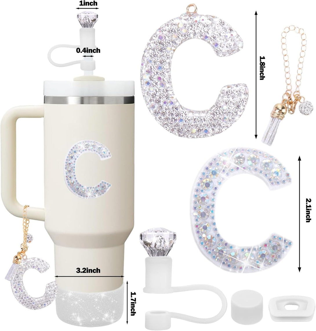Mity Rain Accessories Set for Stanley Cup, Initials Decorations for Tumbler Cup 30/40OZ, Including Diamond Straw Topper/Spill Proof Stopper/Sparkly Silicone Boot Set/Letter Charms for Handle A-Z (C)