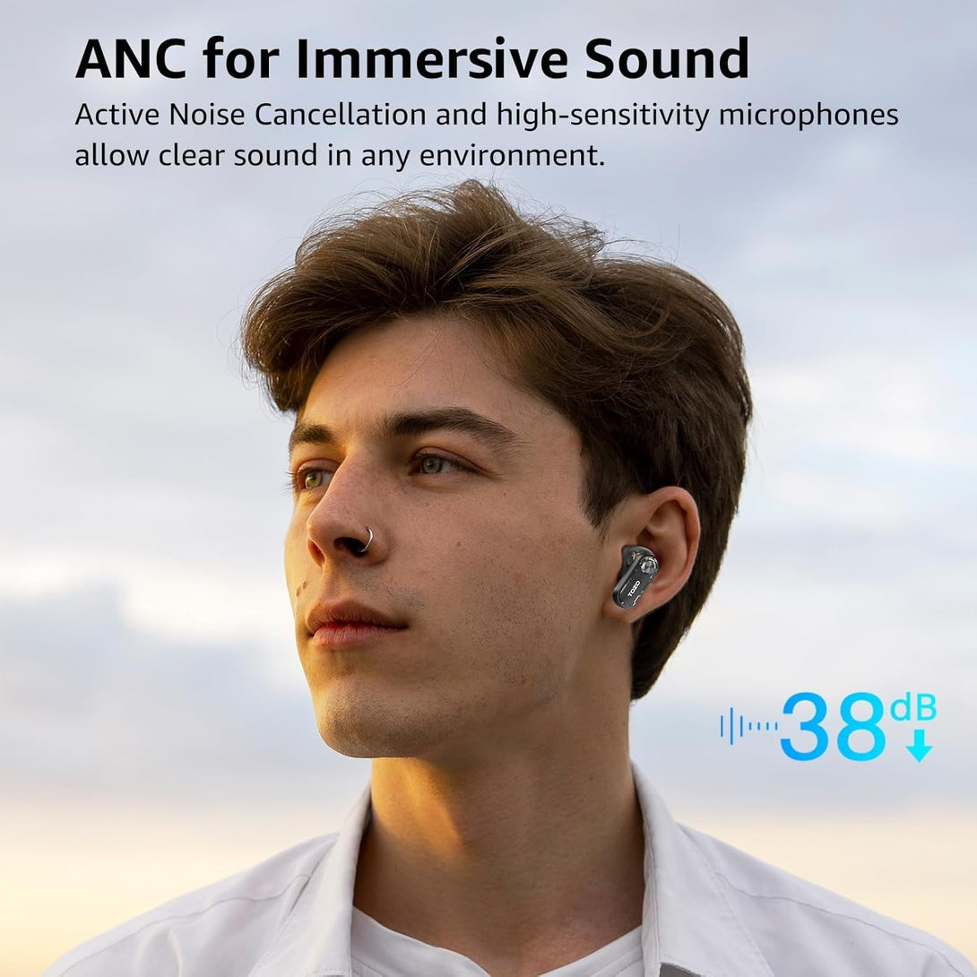 TOZO Hybrid Active Noise Cancelling Wireless Earbuds, 10Mm Drivers Deep Bass Stereo Sound, 4 Mics Smart ENC AI Calls, 32 EQ Customization via App, Bluetooth 5.4 Headphones, Crystal Case Design