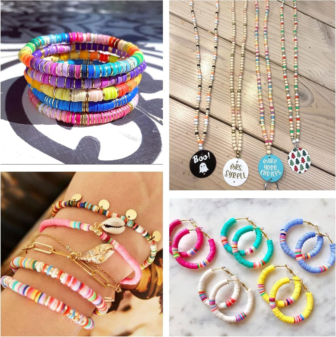QUEFE 14420Pcs Beads for Bracelet Making Kit, 56 Colors Spacer Heishi Beads Flat round Polymer Clay Beads with Pendant Charms Kits and Elastic Strings