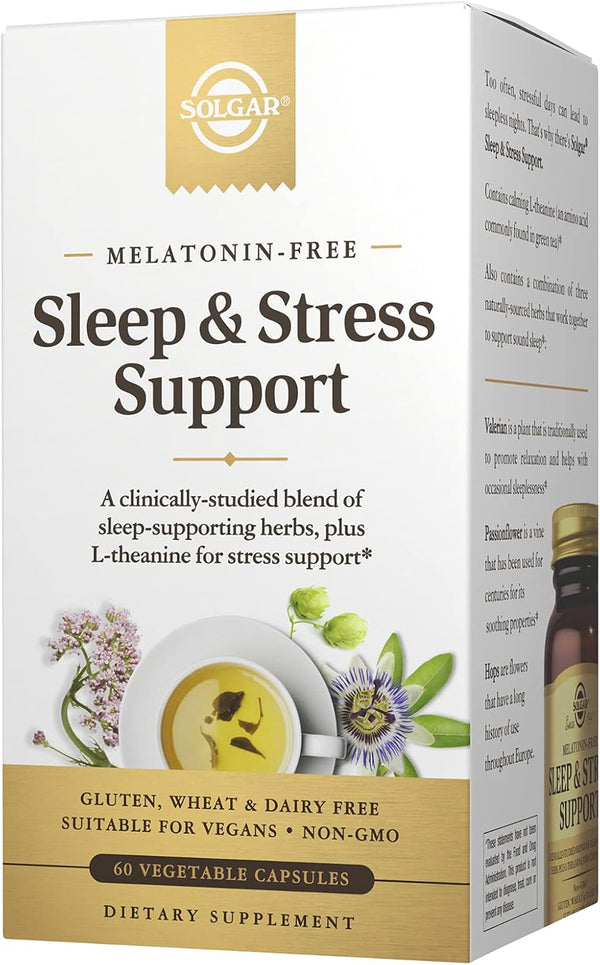 Solgar Sleep & Stress Support, 60 Vegetable Capsules – Melatonin-No – Helps Relax & Calm You – Fall Asleep Quickly – Improve Sleep Quality – with Valerian, Passionflower & Hops, Non-Gmo, 30 Servings