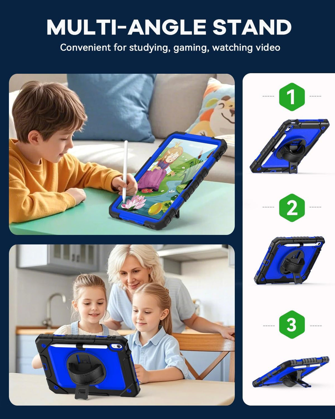 Cantis Case for Ipad 11-Inch (A16) 2025/ Ipad 10Th Generation 2022 (10.9 Inch) with Screen Protector, Ipad 11Th Case with 360 Degree Rotating Stand/Shoulder Strap/Pencil Holder, Black+Dark Blue