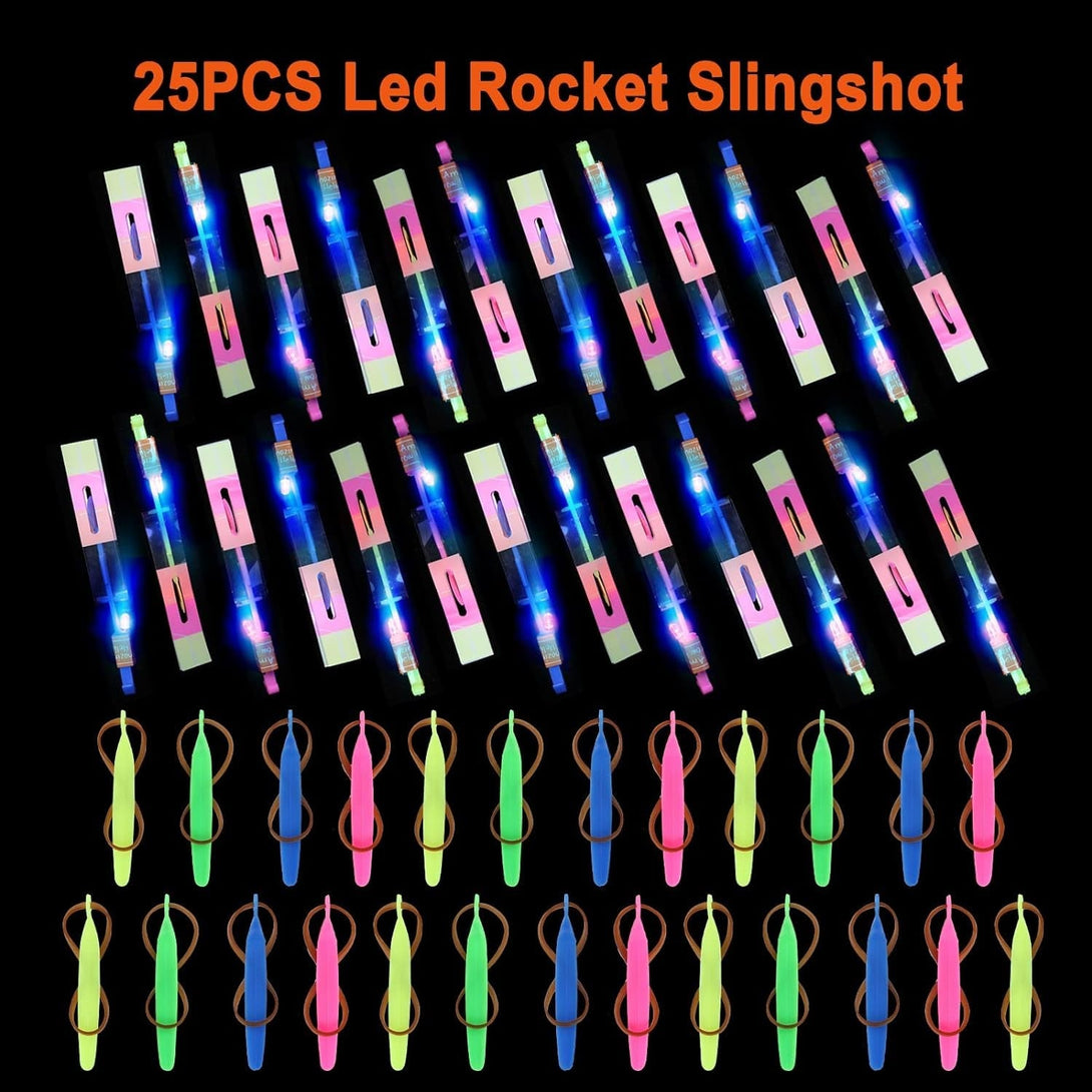 25 Sets LED Flying Set, 25 Slingshot+25 Glow Helicopter-50 Pcs, Flying Toy Outdoor Toys Glow in the Dark Party Supplies Party Favors for Kids 8-12,4-8