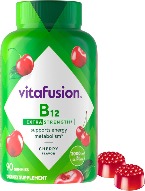 Vitafusion Extra Strength Vitamin B12 Gummy Vitamins for Energy Metabolism Support and Nervous System Health Support, Cherry Flavored, America’S Number 1 Gummy Vitamin Brand, 45 Day Supply, 90 Count