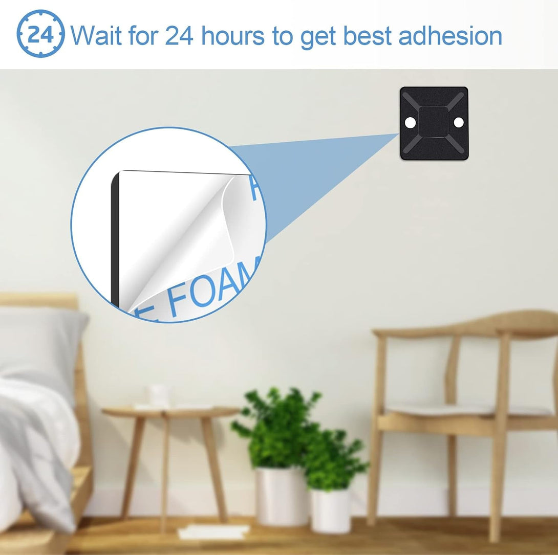 Black Cable Tie Zip Self Adhesive Mounts Set, Cable Base Holders with Multi-Purpose Sticky Pads 100 Set