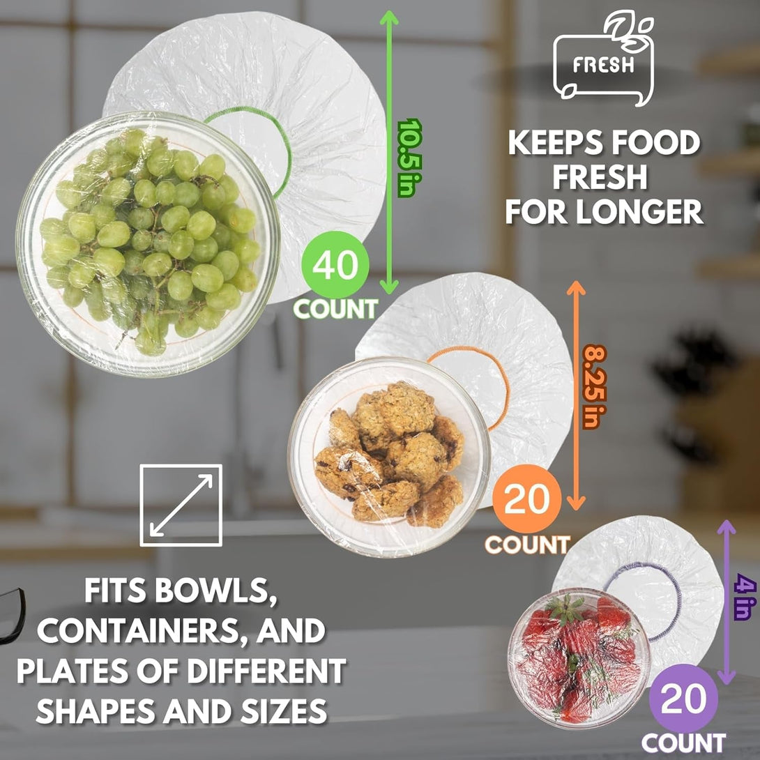 100 Reusable Food Covers - Plastic Bowl Covers Elastic Reusable - Food Cover, Bowl Covers, Reusable Bowl Covers for Bread Proofing, Plate Covers for Food - Stretchable Wraps in 3 Size