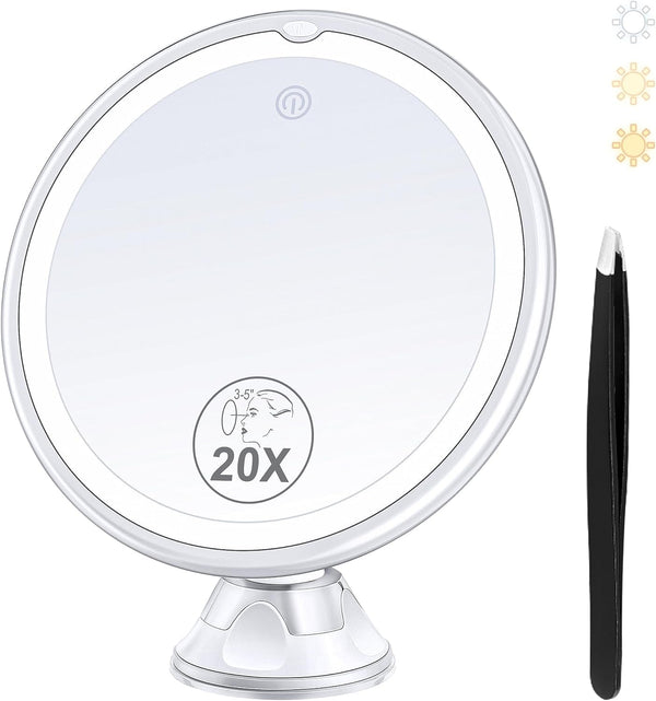 B Beauty Planet 2025 Upgraded Magnifying Mirror with Light, 20X Lighted Magnifying Mirror with Suction Cup and Tweezers, 3 Colors Vanity Mirror, 360 Rotation, Makeup Mirror with Lights 8 Inches