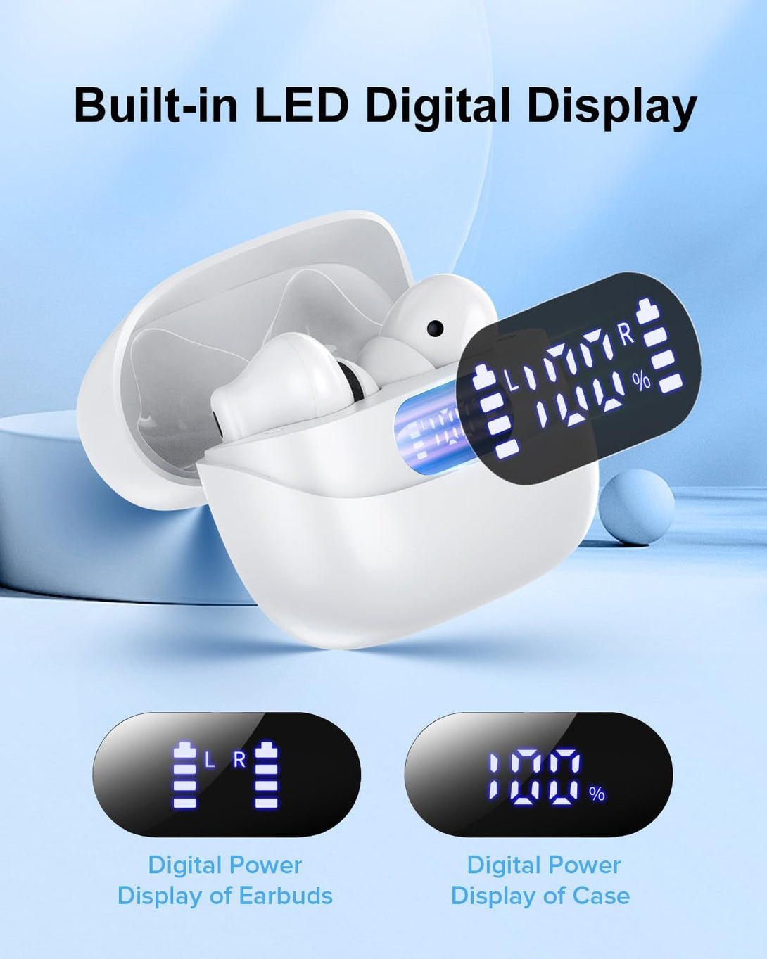 Wireless Earbuds, 42H Playtime Bluetooth 5.3 Headphones, Hifi Stereo Call Noise Cancelling Earbuds, IPX7 Waterproof Stereo In-Ear Earphones with LED Display for Ios Android (White)