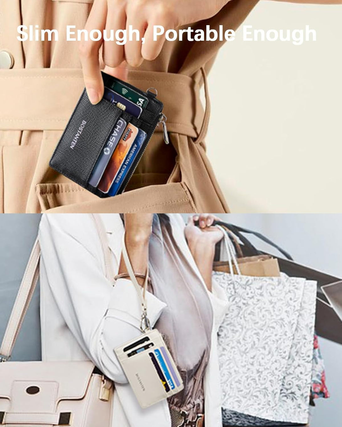 BOSTANTEN Small Wallet for Women RFID Leather Credit Card Holder Slim Wristlet Keychain Wallet with Zipper Pocket