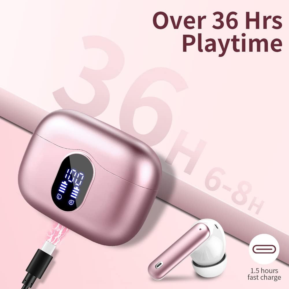 Wireless Earbuds Bluetooth 5.4 Headphones Bass Stereo Ear Buds with Noise Cancelling Mic LED Display in Ear Earphones IP7 Waterproof 36H Playtime for Laptop Pad Phones Sports Workout Rose Gold