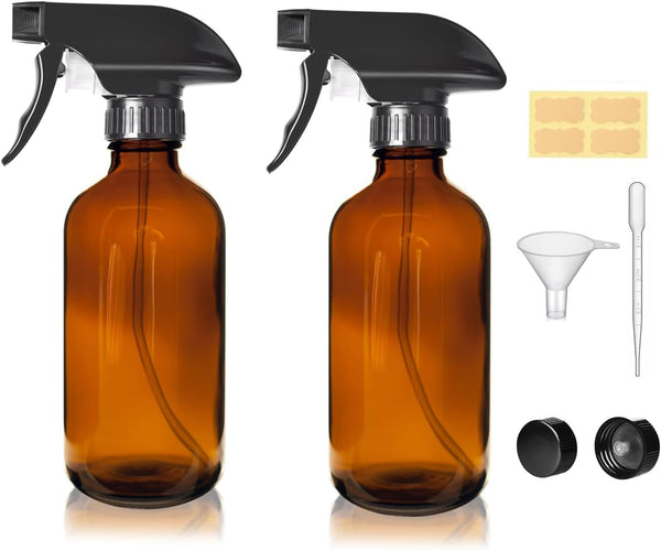 8 Oz Amber Glass Spray Bottles - 2 Pack Empty Refillable Bottle for Cleaning Solutions,Hair Care,Essential Oils, Plants - Durable Nozzle,With Labels &Funnel, Dropper
