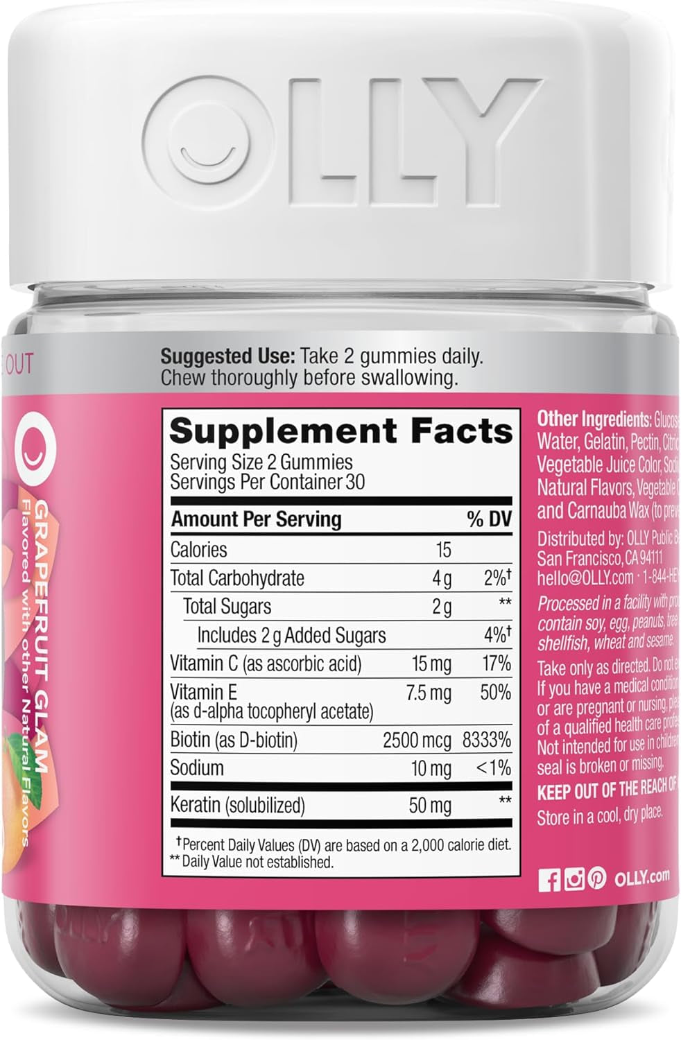 OLLY Undeniable Beauty Gummy, for Hair, Skin, Nails, Biotin, Vitamin C, Keratin, Chewable Supplement, Grapefruit, 30 Day Supply - 60 Count