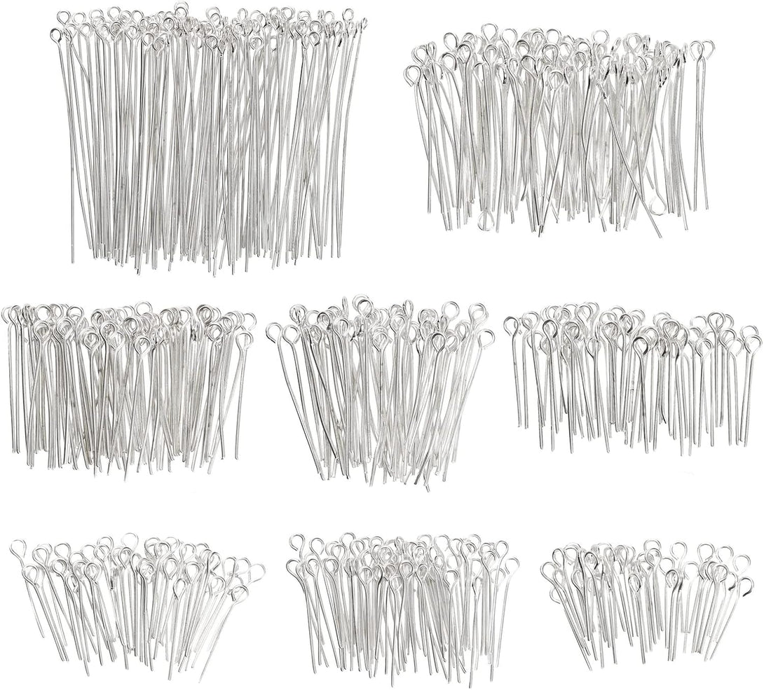 1200 Pieces Eye Pins for Jewelry Making, Bulk 20-Gauge Hooks for DIY Earrings, 8 Assorted Lengths (Silver)