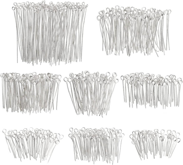 1200 Pieces Eye Pins for Jewelry Making, Bulk 20-Gauge Hooks for DIY Earrings, 8 Assorted Lengths (Silver)
