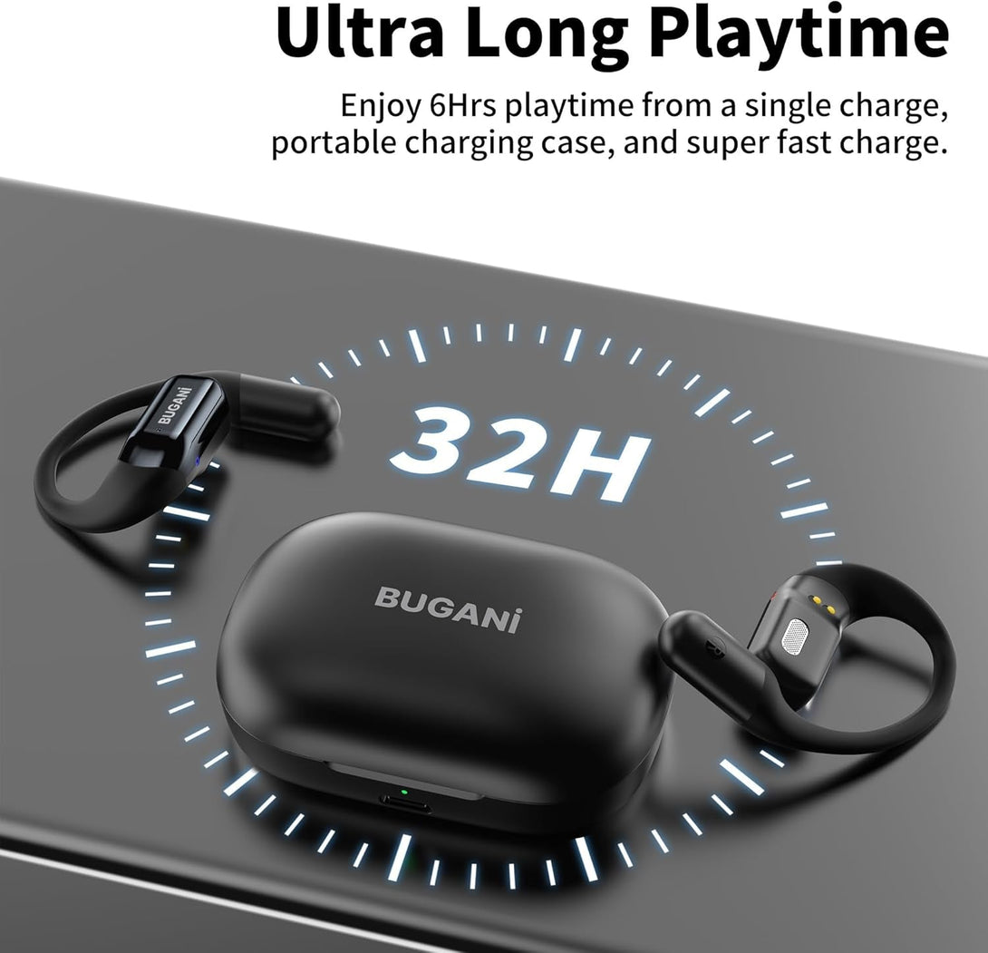 BUGANI Open Ear Headphones, Bluetooth 5.2 Wireless Headphones with Microphone, ENC Clear Talk, Immersive Stereo Sound, Fast Charging, 32H Playtime, Waterproof Sport Earbuds for Running.