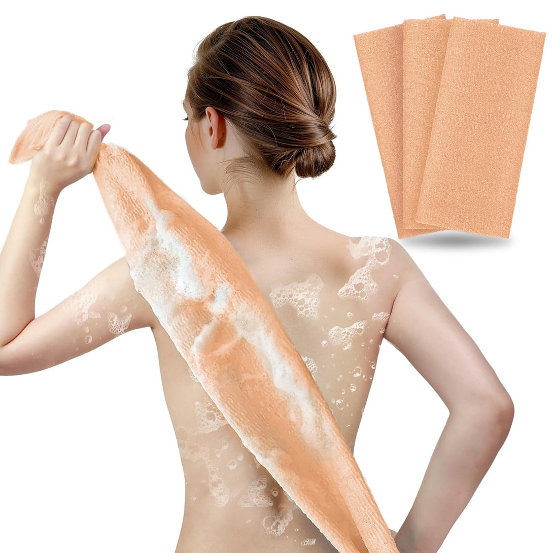 ARCH&M Exfoliating Washcloth Body Scrubber Back Scrubber for Shower Japanese Beauty Washcloth Bath Wash Cloth Korean Exfoliation Luffah Towel Net Sponge Loofah Body Scrub 3 Pack (Peach X 3)