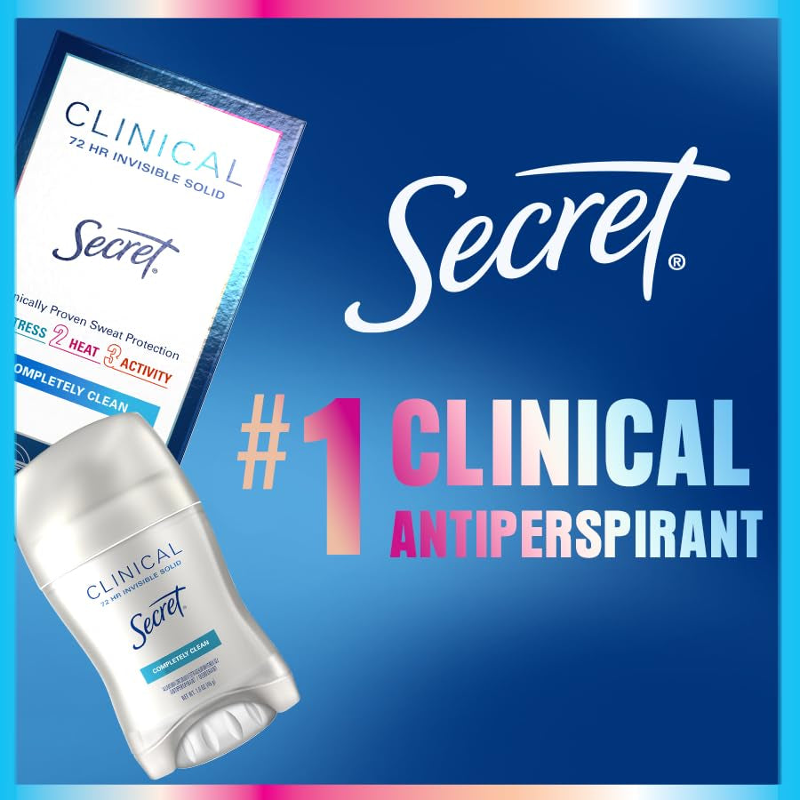 Secret Clinical Strength Antiperspirant Deodorant for Women, 3X Stress Protection, 72Hr Sweat & Odor Protection, PH Balancing Minerals, Invisible Solid, Completely Clean Scent, 2.6 Oz