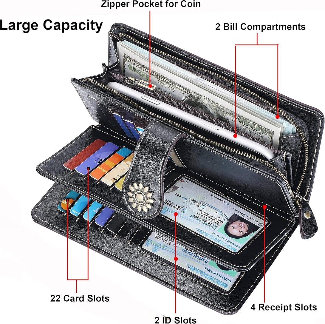 Lavemi Womens Large Capacity Genuine Leather RFID Blocking Wallets Wristlet Clutch Card Holder