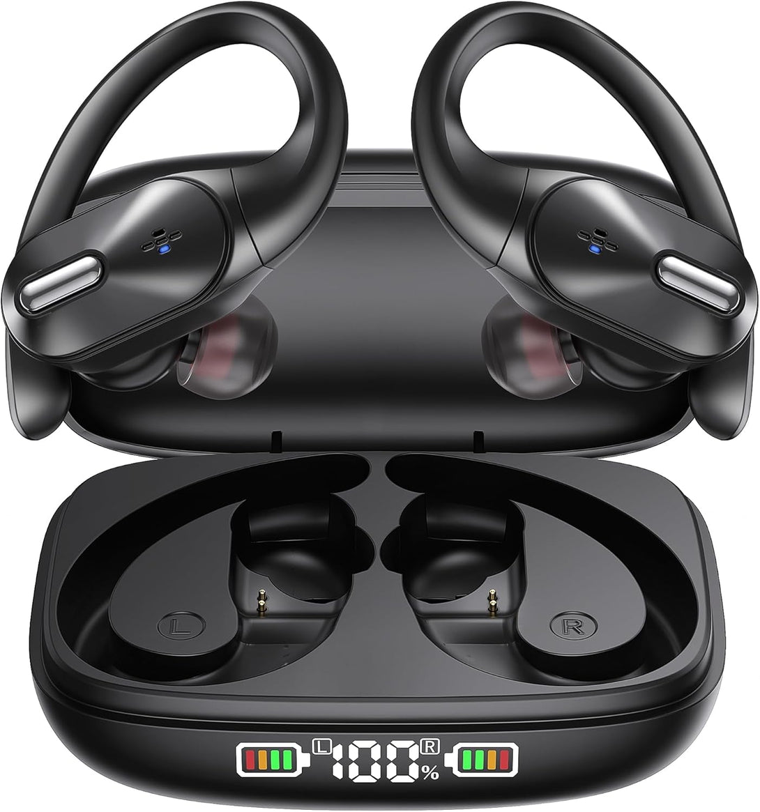 Bluetooth Headphones Wireless Earbuds Bass Stereo Sound with Wireless Charging Case 48H Playback Earphones LED Display with Built in Mic and over Earhooks Waterproof Headset for Running