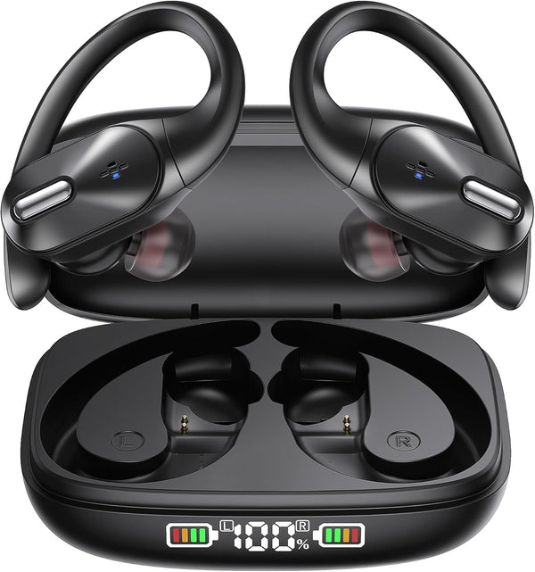 Bluetooth Headphones Wireless Earbuds Bass Stereo Sound with Wireless Charging Case 48H Playback Earphones LED Display with Built in Mic and over Earhooks Waterproof Headset for Running