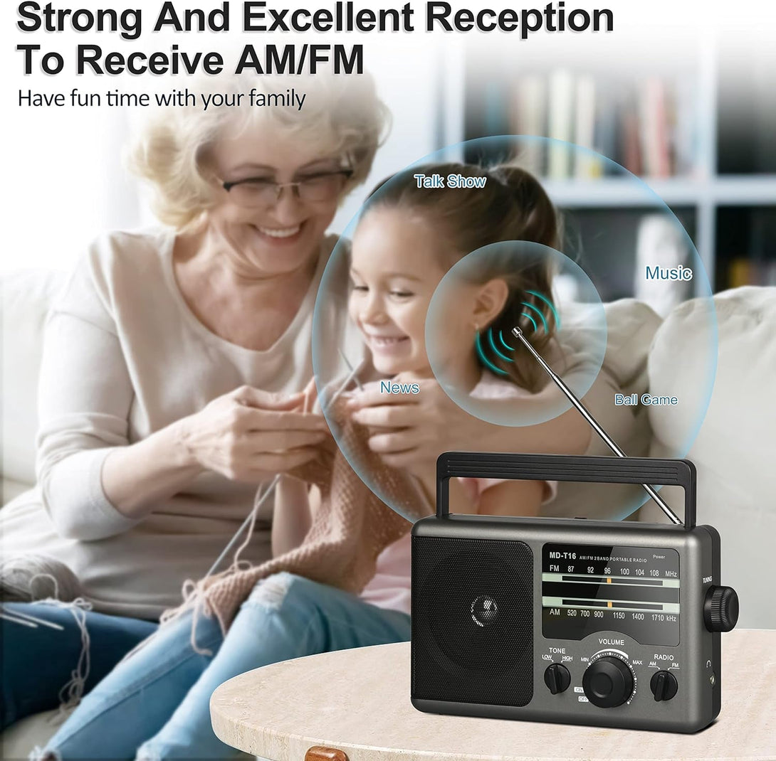 AM FM Portable Radio Battery Operated by 4X D Cell Batteries or AC Power Transistor Radio with and Big Speaker, Standard Earphone Jack, High/Low Tone Mode, Large Knob