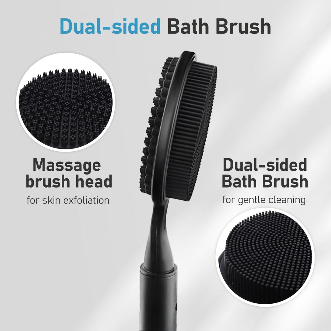 Dual-Sided Silicone Back Scrubber for Shower - Adjustable Long Handle (15.75"-23.62") - Shower Back Brush with Exfoliating & Massage Nubs - Perfect for Elderly, Disabled, Limited Arm Movement(Black)