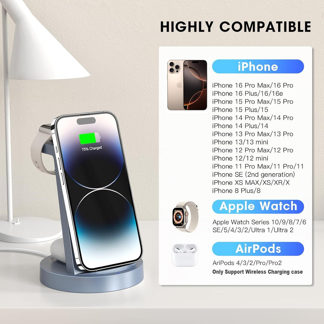 3 in 1 Charging Station for Iphone, Wireless Charger for Iphone 16E 16 15 14 13 12 11 X Pro Max & Apple Watch - Charging Stand Dock for Airpods (Blue)