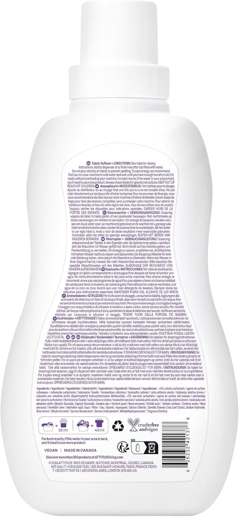 ATTITUDE Baby Fabric Softener, Plant and Mineral-Based Ingredients, HE Compatible, Vegan and Cruelty-Free Laundry and Household Products, Sweet Lullaby, 40 Loads, 33.8 Fl Oz