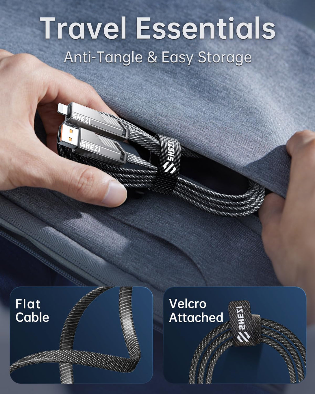 [Upgraded 2.0] SHEZI 4-In-1 USB C Cable 60W 5FT Lightning Cable MFI Certified [Fast Charging & Data Sync] Flat Braided Multi Charger Cord Combo with Lightning/Usb C/A Port for Iphone/Ipad &All Devices