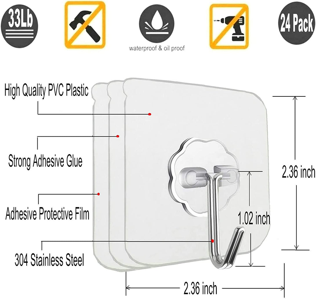 24 Pack Heavy Duty Self Adhesive Hooks - 33Lb Max, Transparent, Waterproof, Sticky Wall Hooks for Keys, Bathroom, Shower, Outdoor, Kitchen, Door, Home Improvement, Utility