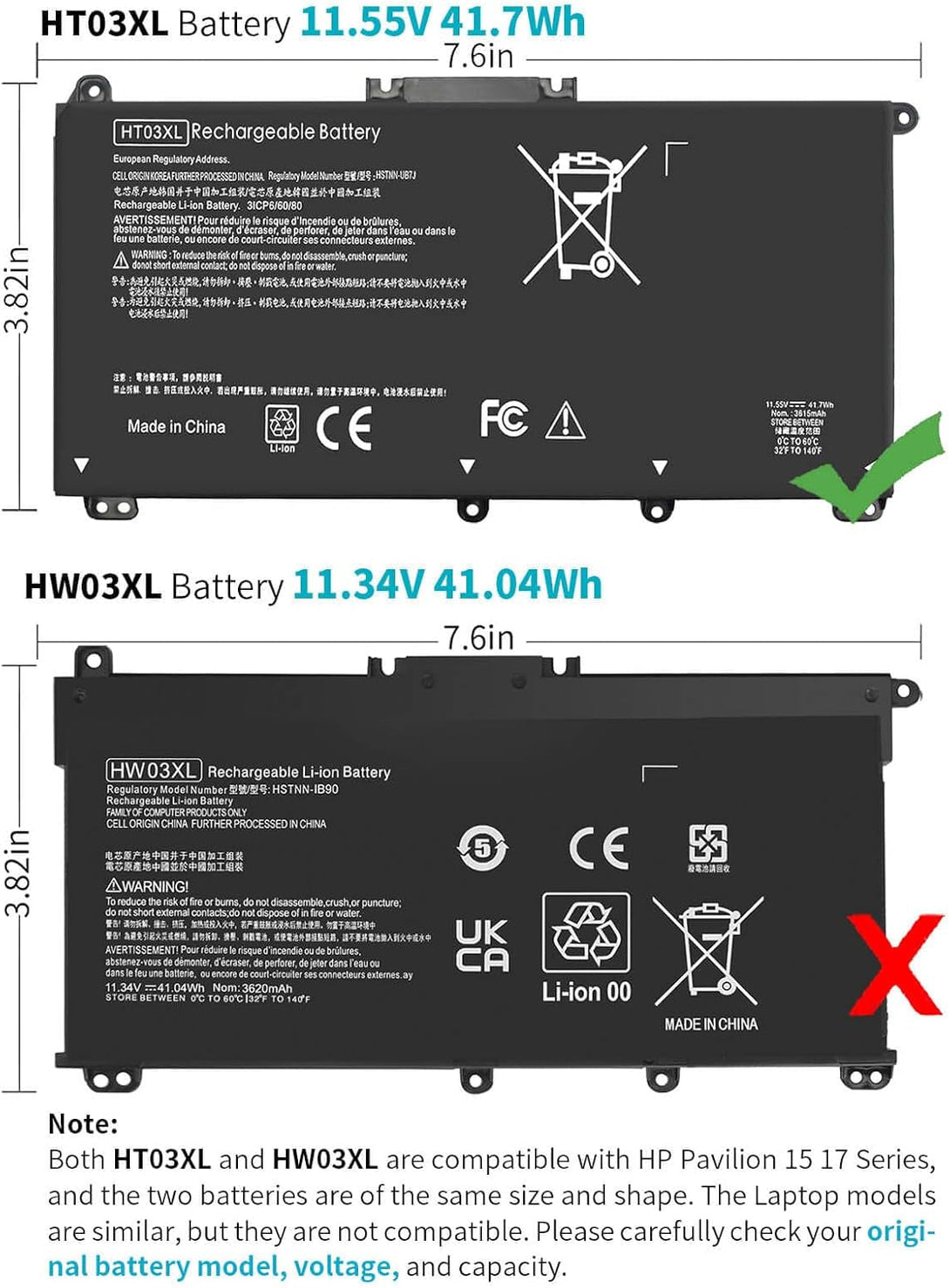 HT03XL L11119-855 Laptop Battery for HP Pavilion 14-CE 14-CF 14-DF 15-CS 15-DA 15-DB 15-DW 17-By 17-CA Series 15-CS0053CL 15-DW0033NR 15-DA0014DX L11421-542 L11421-2C2 HSTNN-UB7J HSTNN-DB8R HT03041XL