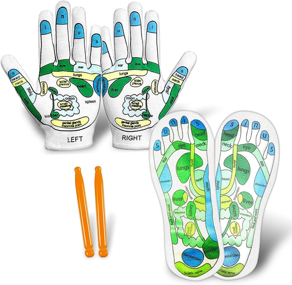 Acupressure Socks and Gloves - 4 Pcs Reflexology Socks with Tools, Tutorial Reflexology Gloves with Massage Sandal, Pain Relief Acupuncture Socks for Foot Massage (2 Rods)