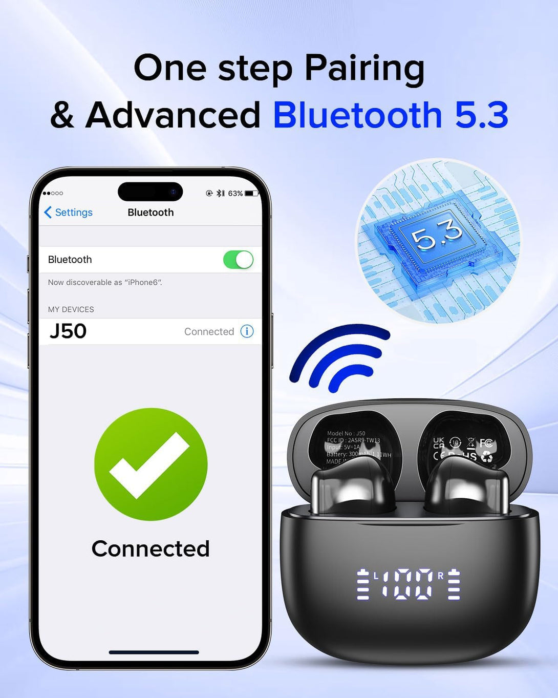 Wireless Earbuds Bluetooth 5.3 Headphones, Bluetooth Earbuds with Noise Cancelling Mic LED Display, Hi-Fi Stereo, 42H Playback, IPX7 Waterproof, Smart Touch Control, Ergonomic Design Black