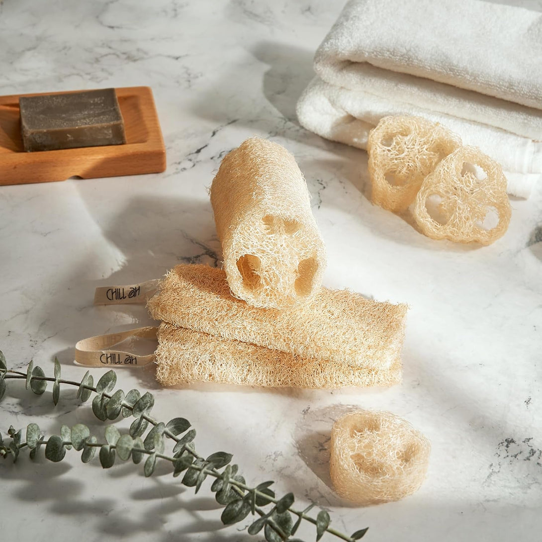 Chill Ah Green Glow Natural Loofah Sponge Set – 100% Plant-Based, Dye-Free, Biodegradable, Scratch-Free, Handcrafted in Vietnam (4-Pack)
