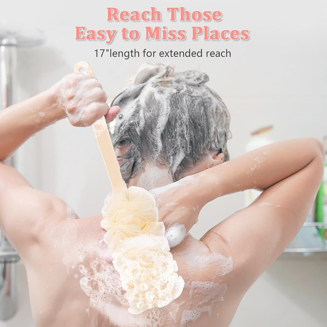 4Pack Back Scrubber for Shower Loofah with Long Handle, Shower Brush for Body, 17″ Loofah on a Stick for Men Women Bathing Accessories, Scrubber Sponge for Exfoliating Bath Brushes (Beige & Pink)