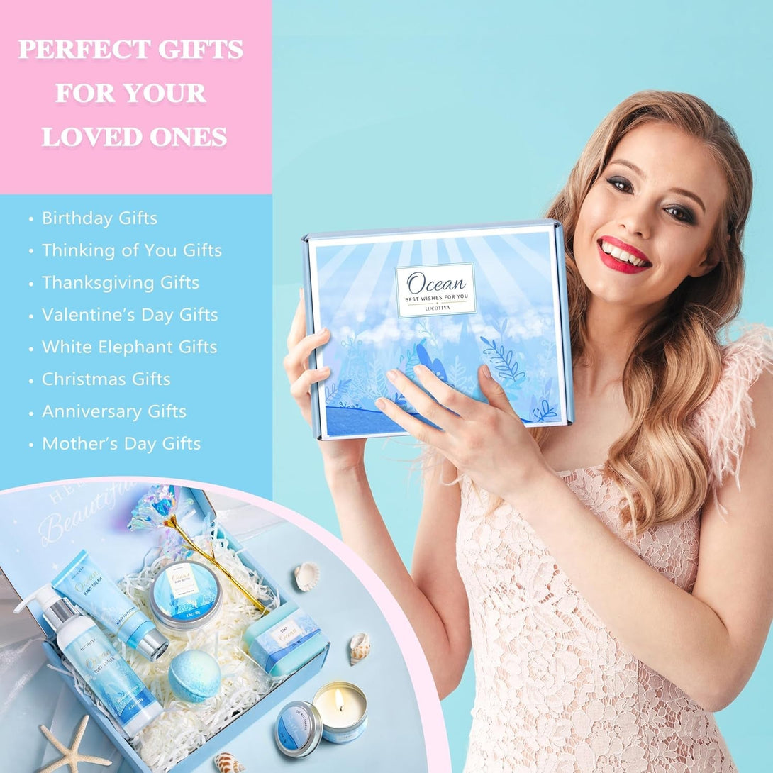 Gifts for Women, Ocean Scented Spa Gifts for Women Birthday 7 Luxury Self Care Gifts for Women, Gift Basket Care Package for Women Her Wife Mom Friends Female Bff