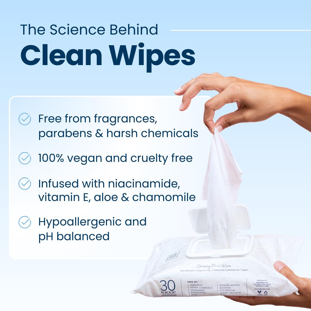 Clean Skin Club XL Premium Face Wipes, 40% Larger than Normal Wipes, Extra Moist Makeup Removing Towelettes, 30 Count, Facial Cleansing Cloth, Fragrance Free, No Alcohol or Chemicals